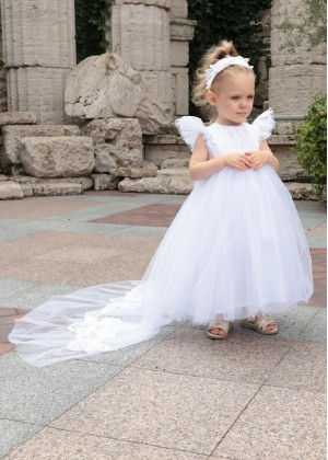 Feifei Sleeves White Lace Tulle Flower Girl Dress Communion Dress